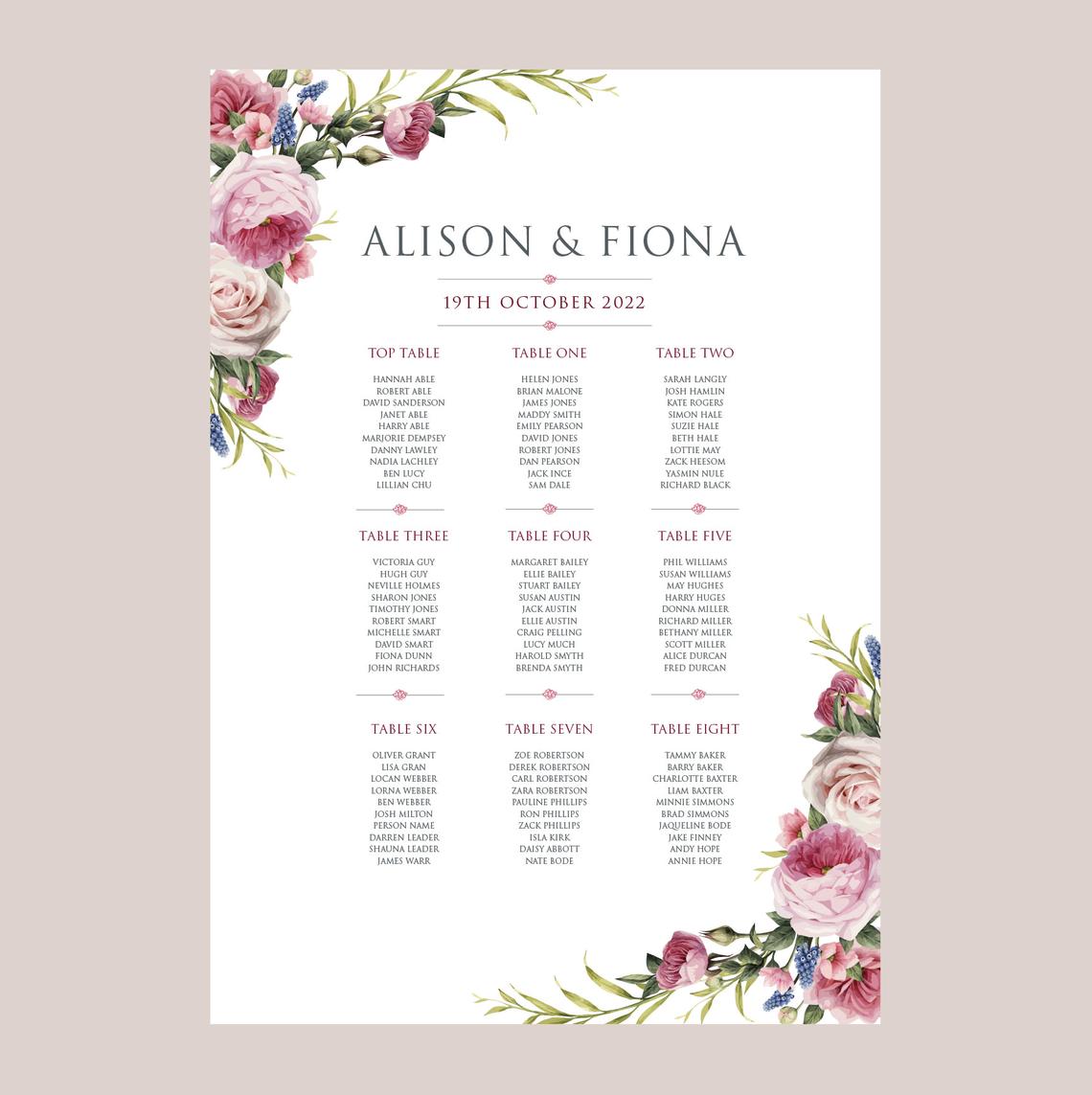 Watercolour Roses Wedding Stationery Seating Plan No Frame