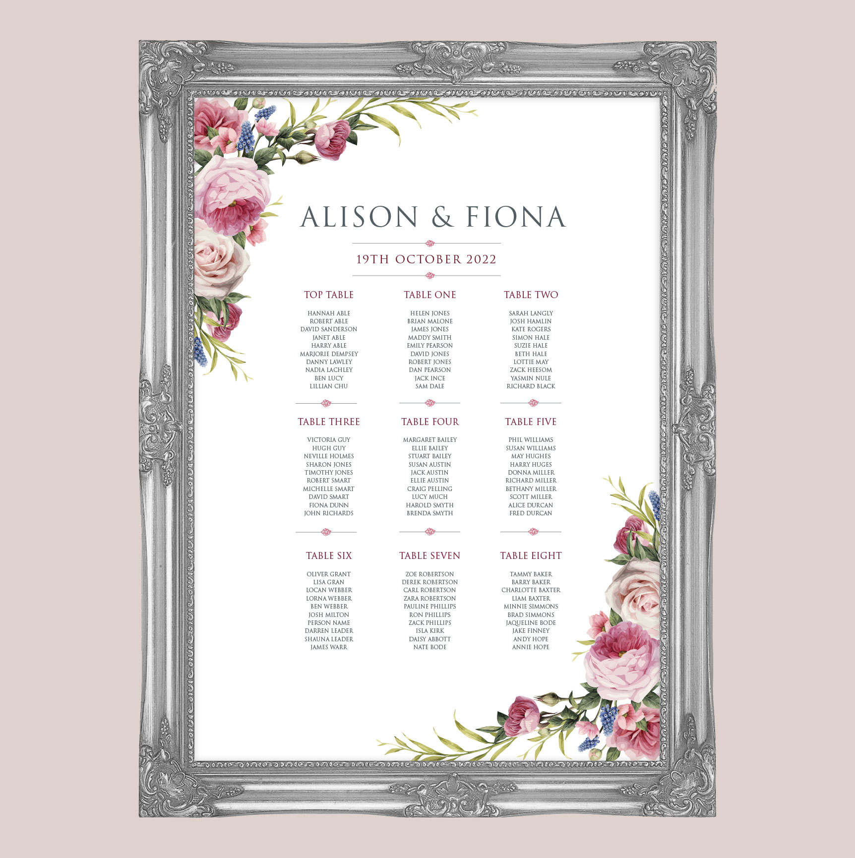 Watercolour Roses Wedding Seating Plan