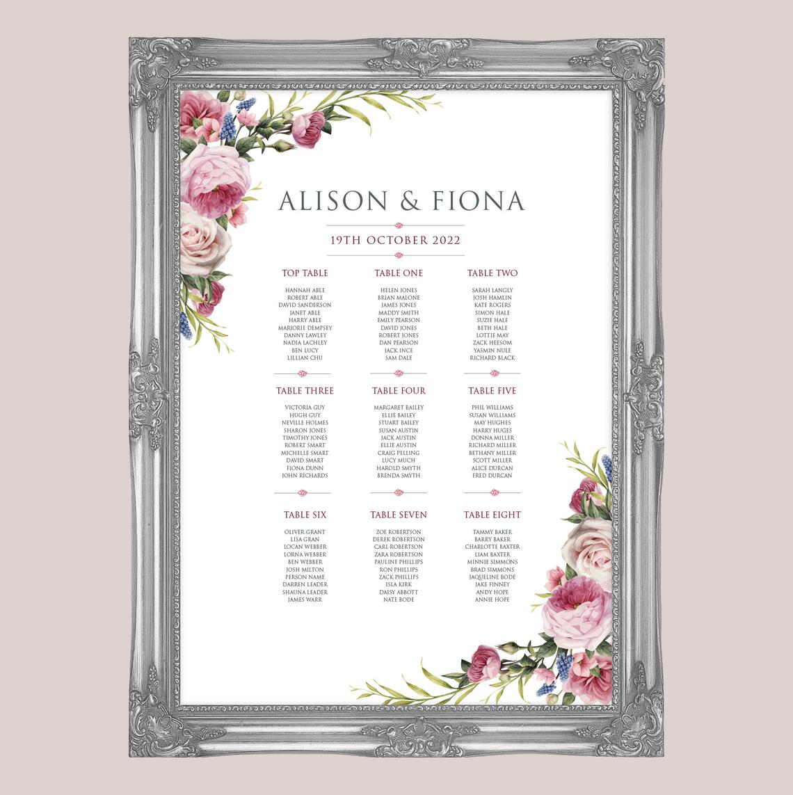 Watercolour Roses Wedding Stationery Seating Plan