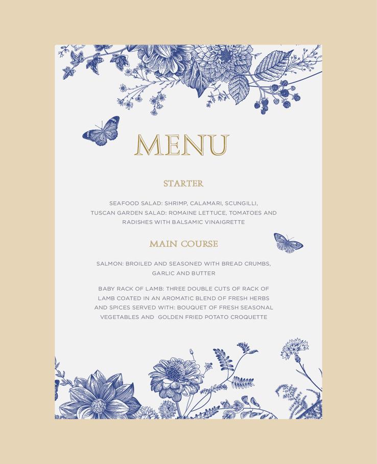 Bramble Blue wedding stationery menu