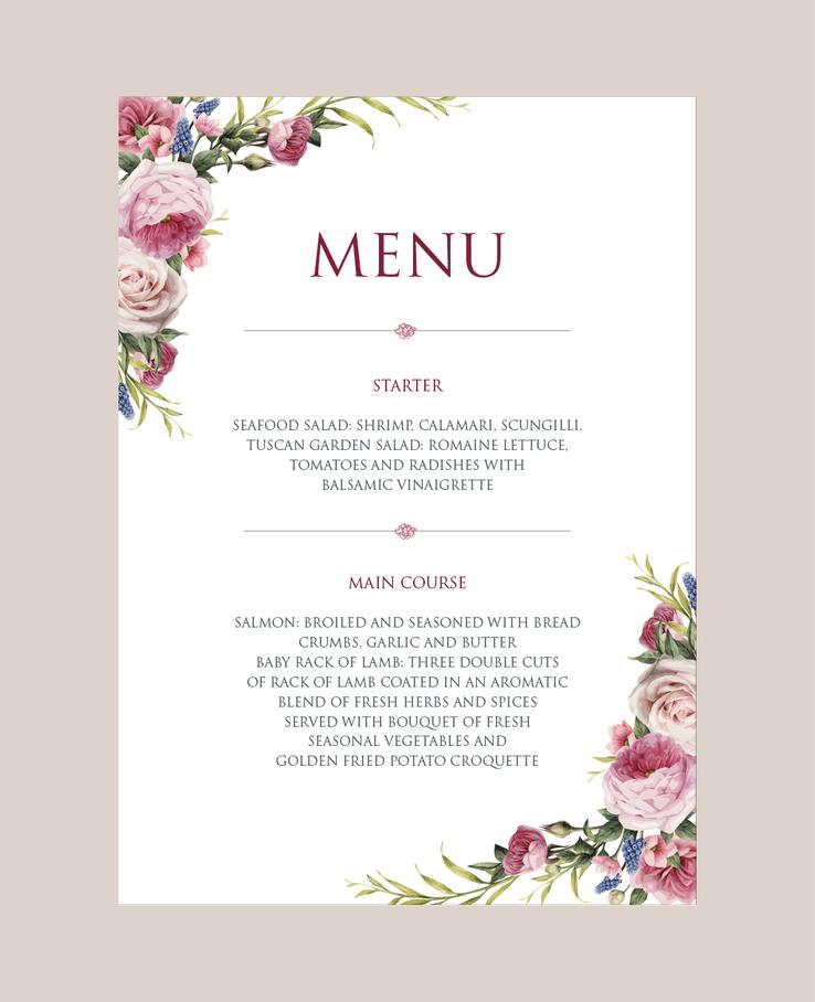 Watercolour Roses Wedding Stationery Menu