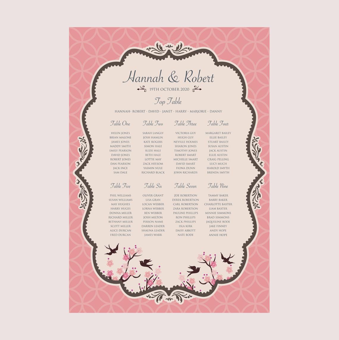 Vintage Swallows Wedding Stationery Seating Plan No Frame